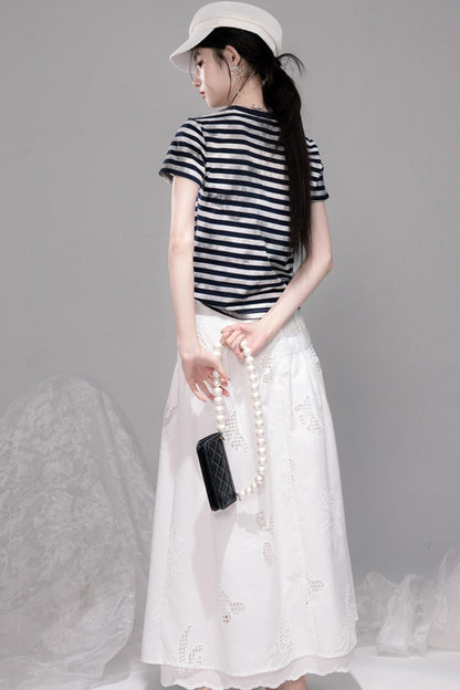 Navy Cut-Out Embroidered Striped T-Shirt