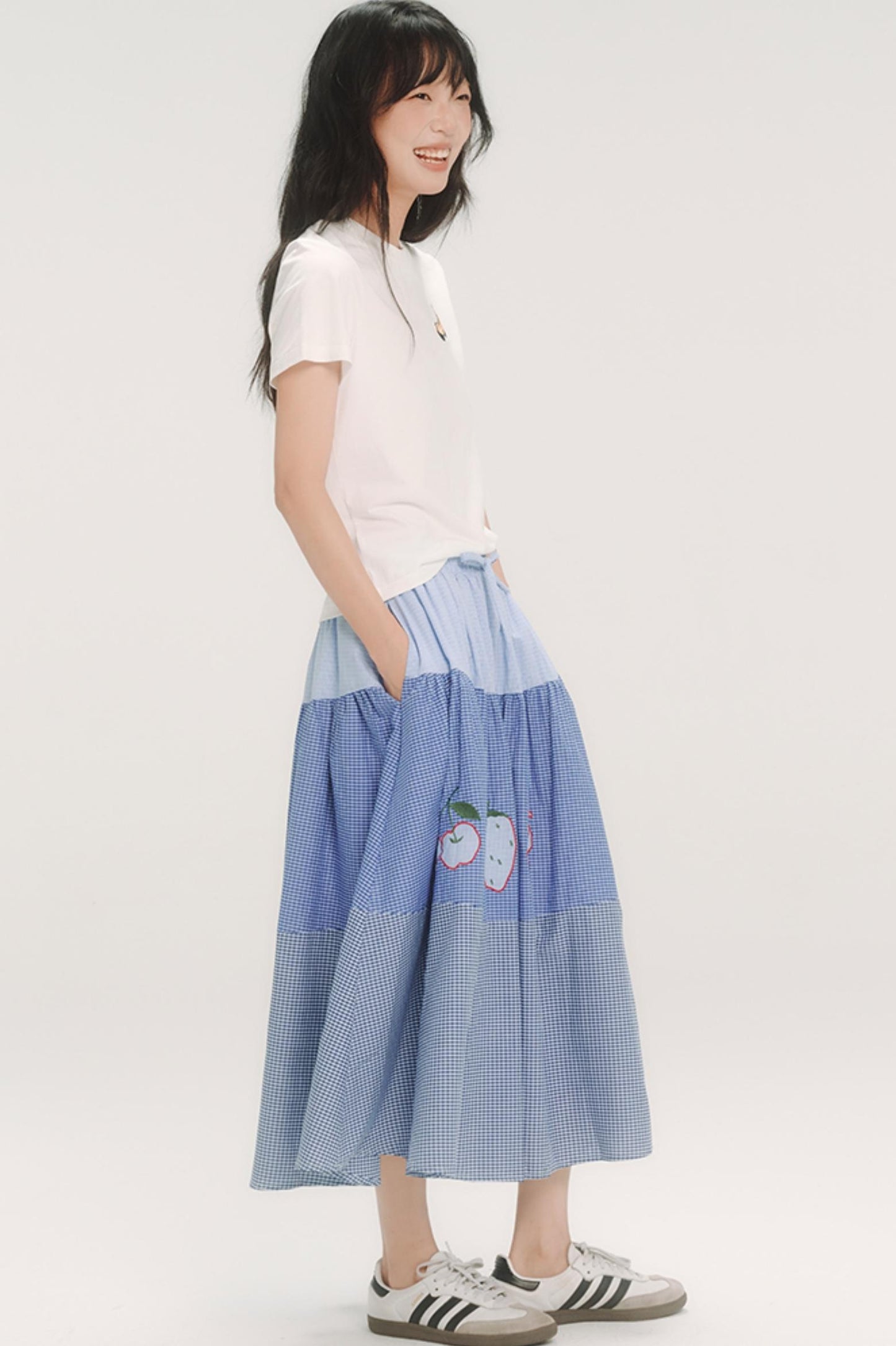Blue Check Elastic Waist Skirt