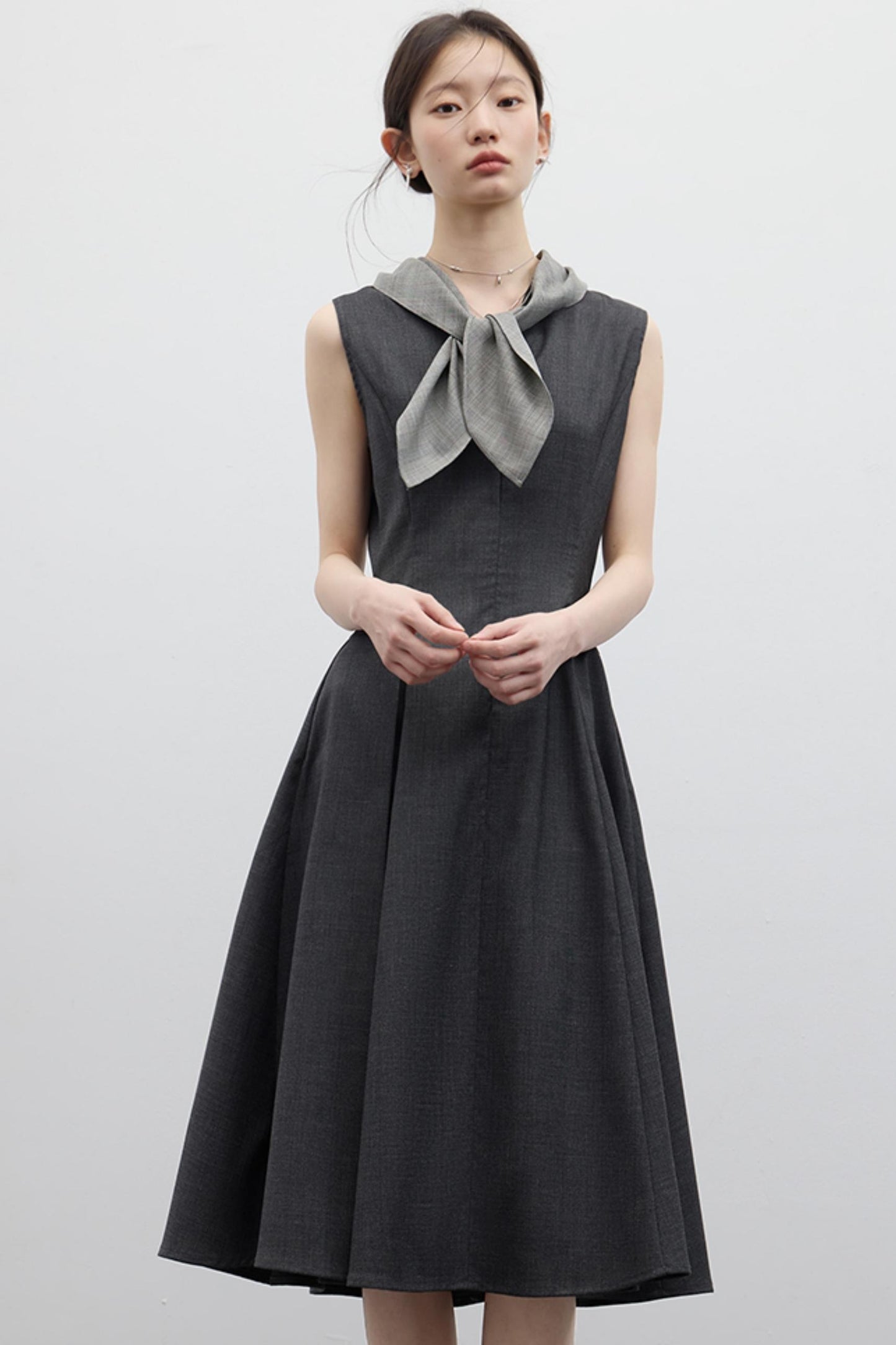 Gray Pleated Slim Fit Dress