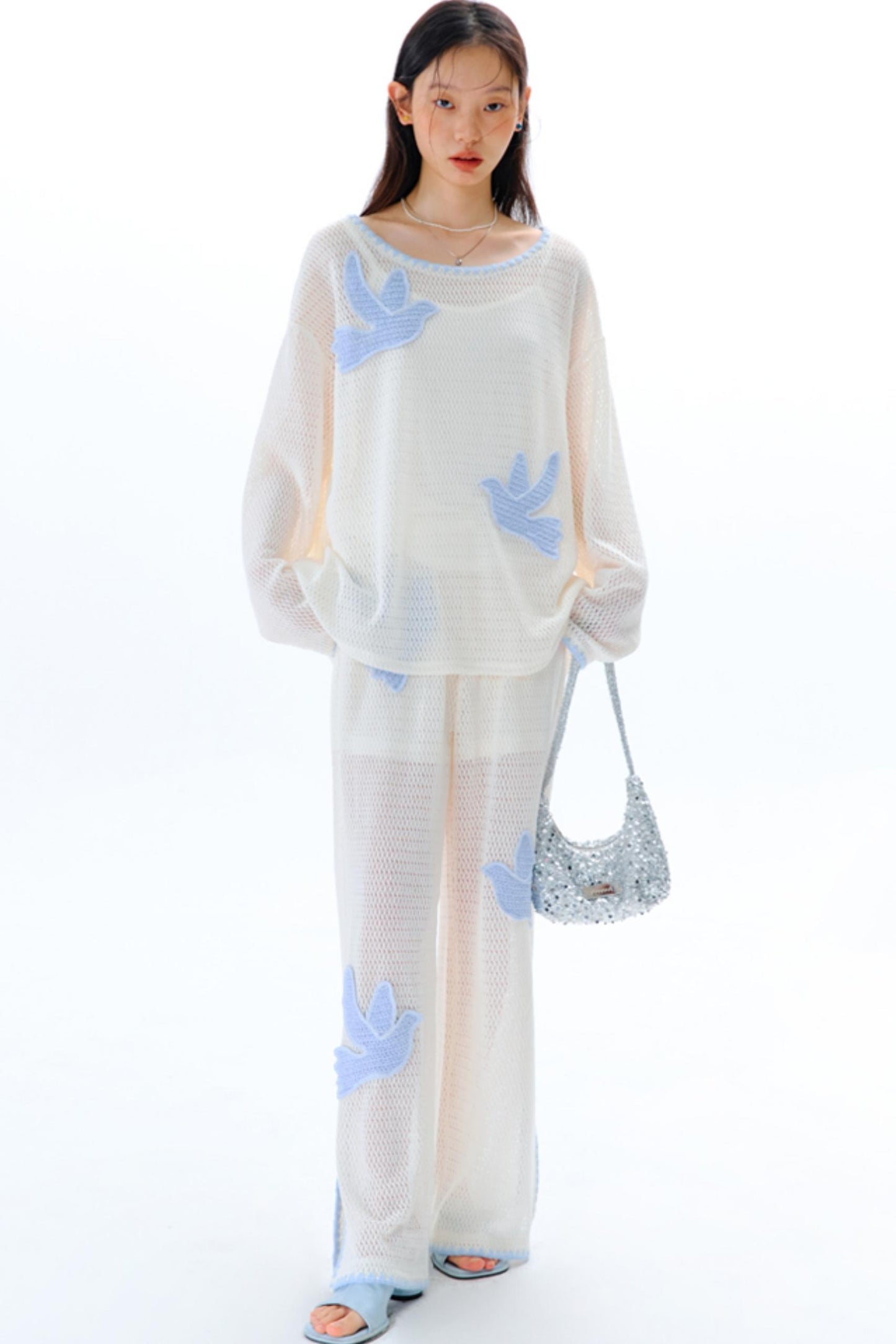 Sun Bird Embroidery Loose Knit Trousers