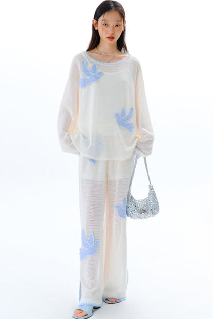 Sun Bird Embroidery Loose Knit Trousers