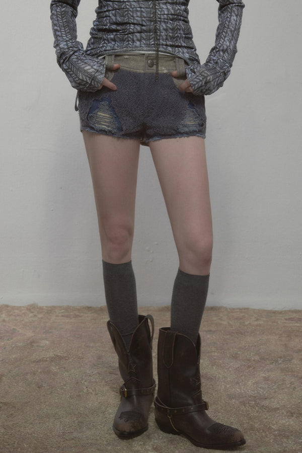 Blue Gray Lace-Trim Denim Shorts