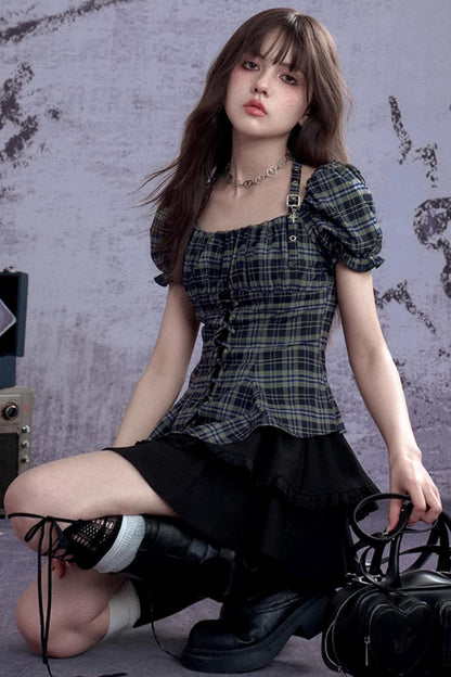 Vintage Green Check Summer Top