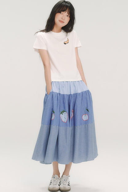 Blue Check Elastic Waist Skirt