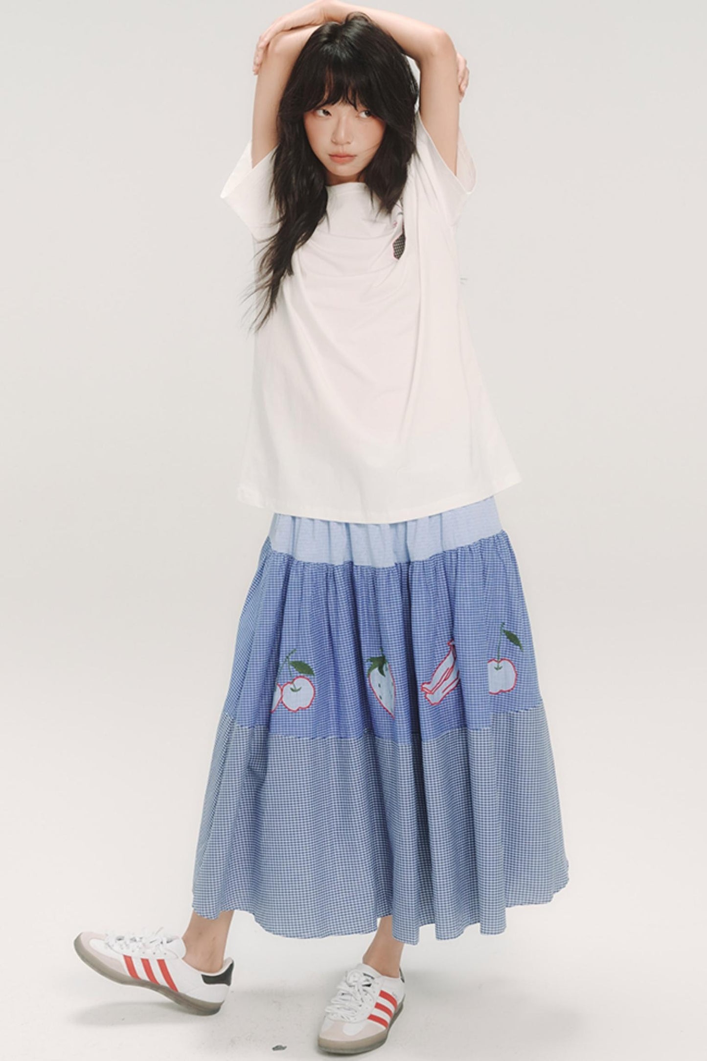 Blue Check Elastic Waist Skirt