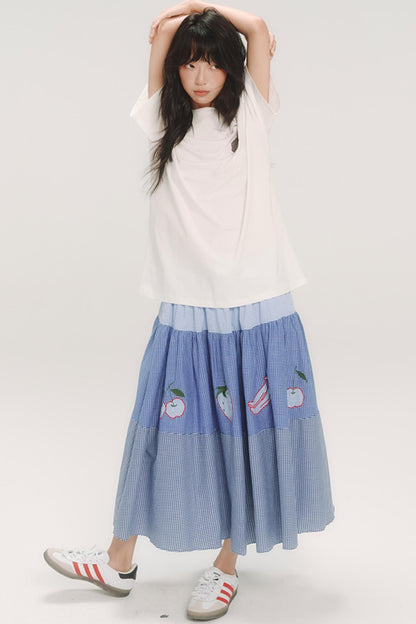 Blue Check Elastic Waist Skirt