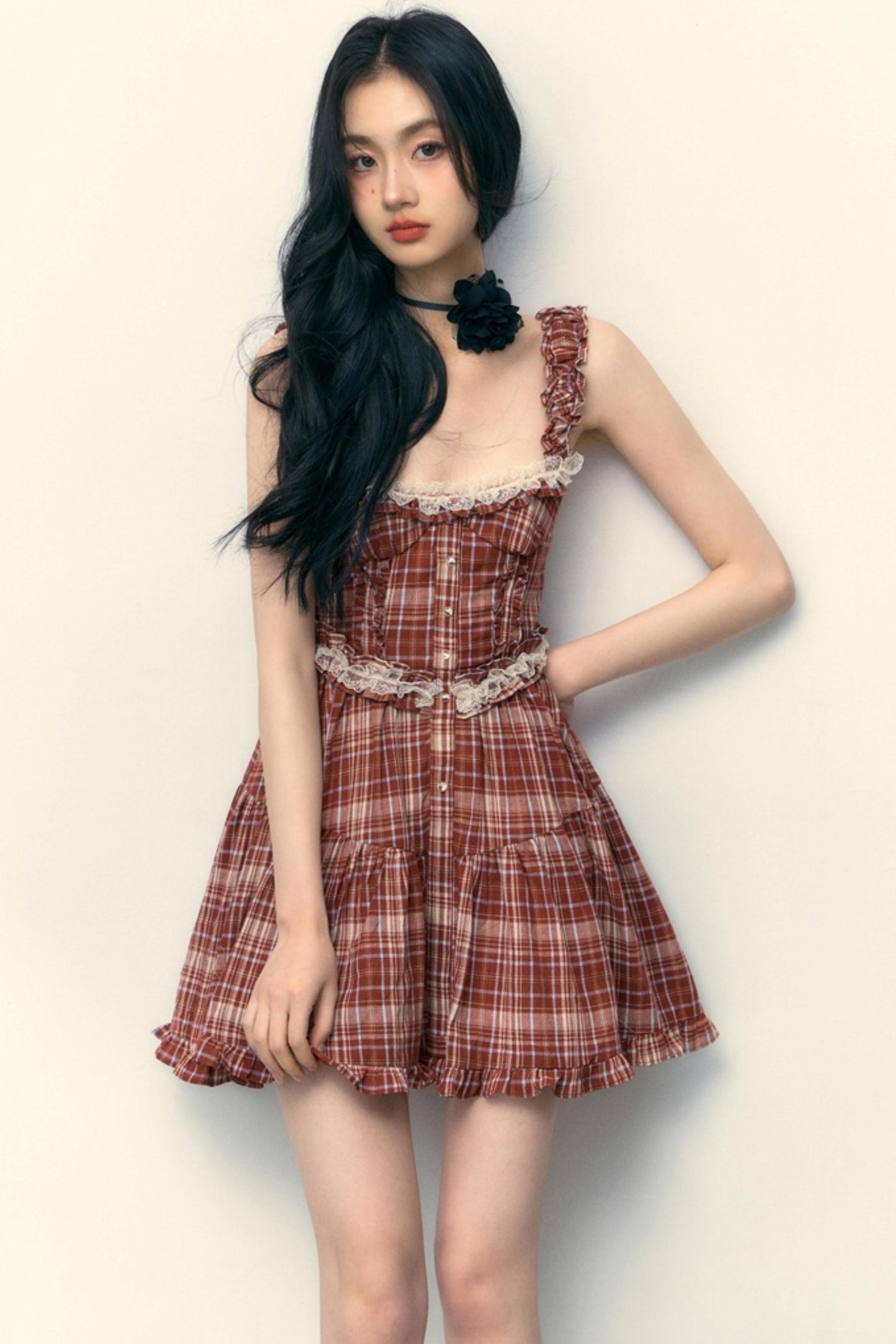 Pink Plaid Ruffle Lace Cami Dress