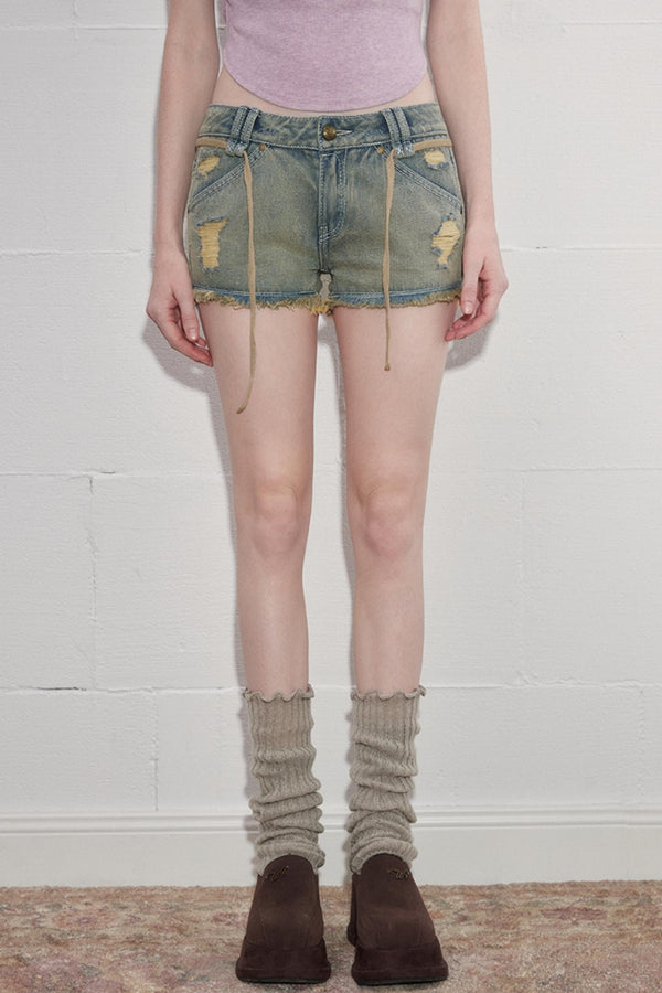 Washed Denim Tie Shorts