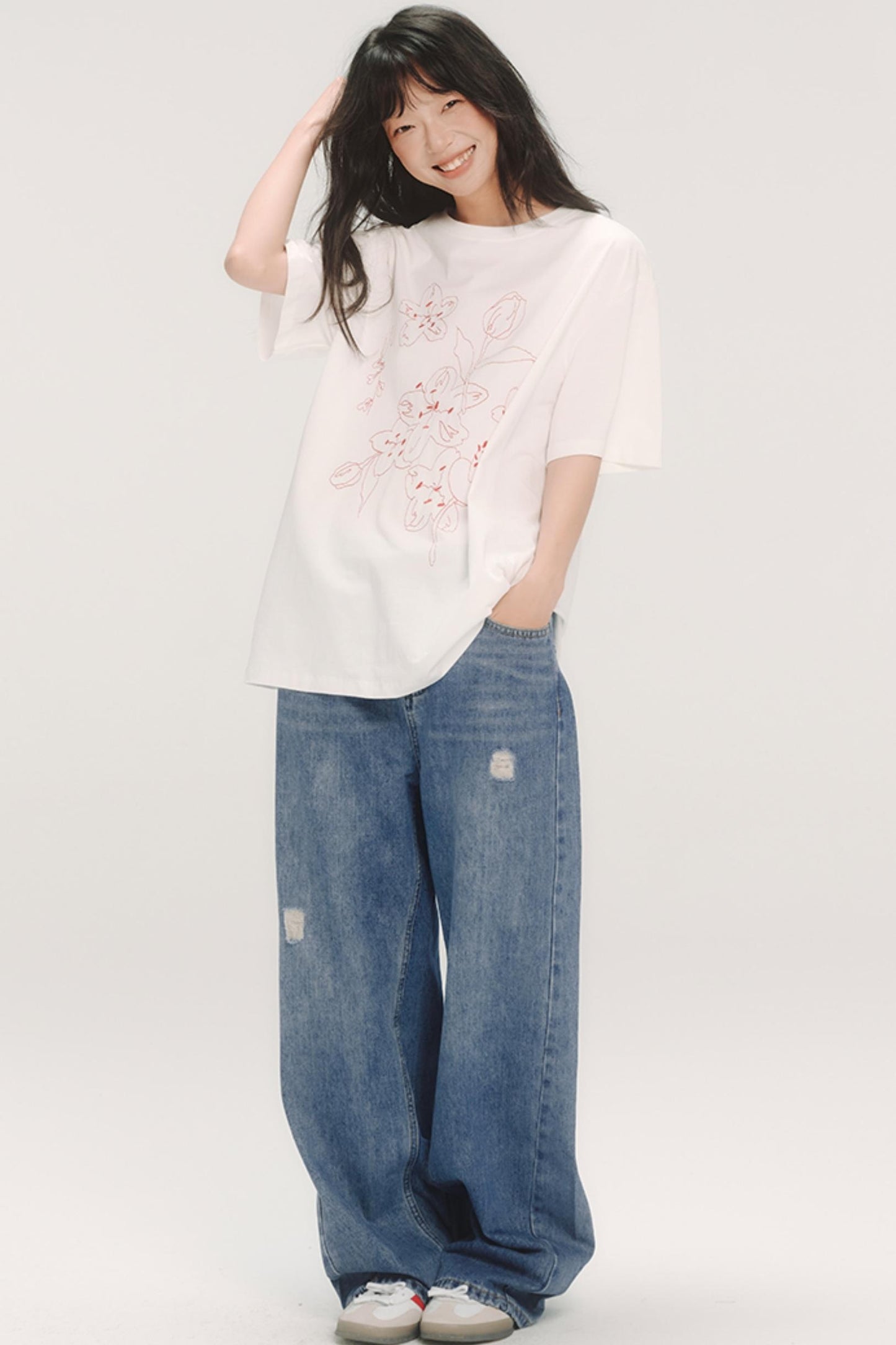 Cherry Blossom Embroidered White T-Shirt