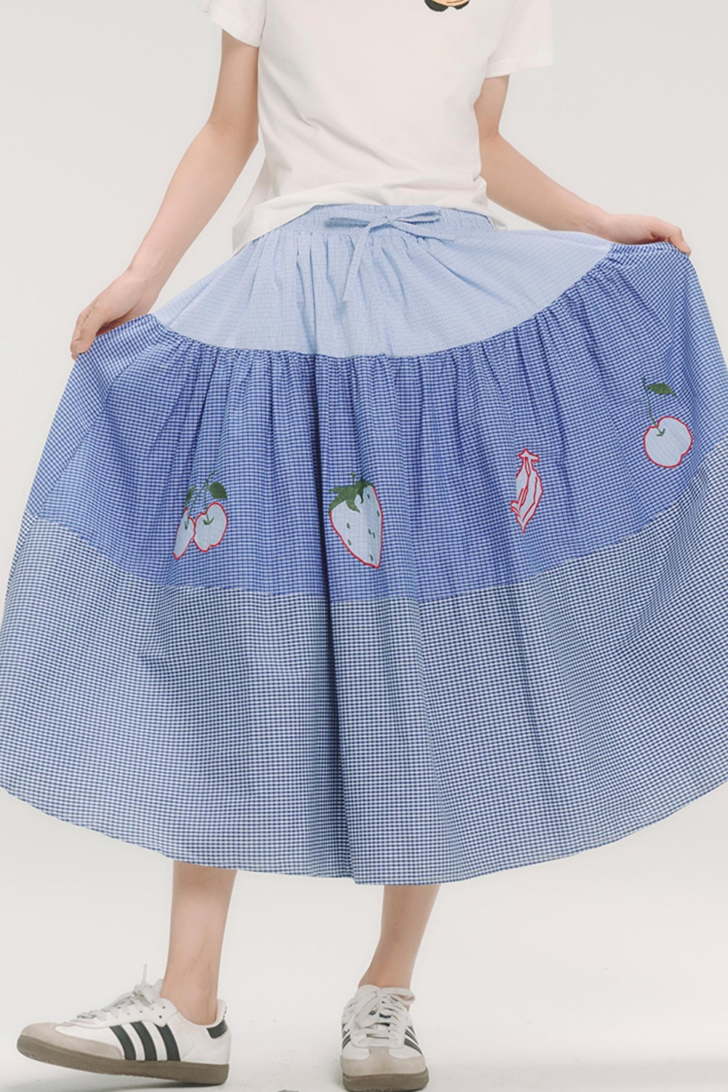Blue Check Elastic Waist Skirt