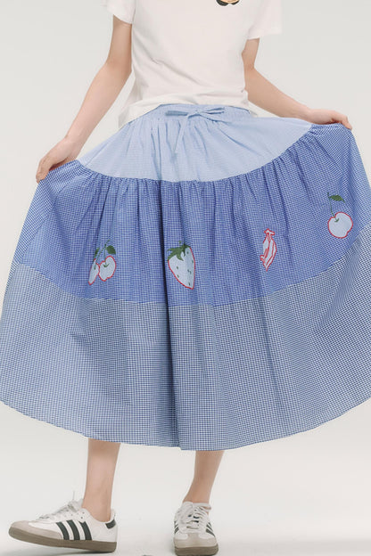 Blue Check Elastic Waist Skirt
