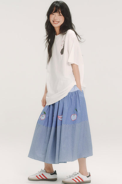 Blue Check Elastic Waist Skirt