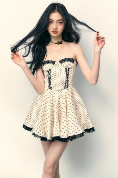 Satin Dot Lace Puff Skirt Mini Dress