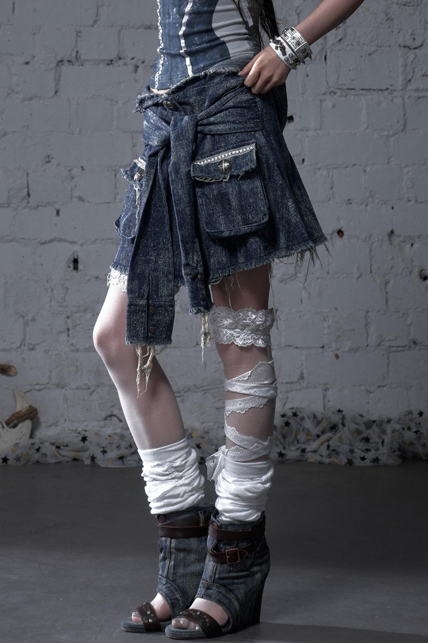 Punk Washed Denim Shirt Skirt