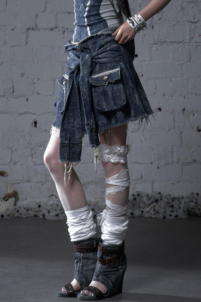 Punk Washed Denim Shirt Skirt