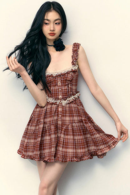 Pink Plaid Ruffle Lace Cami Dress