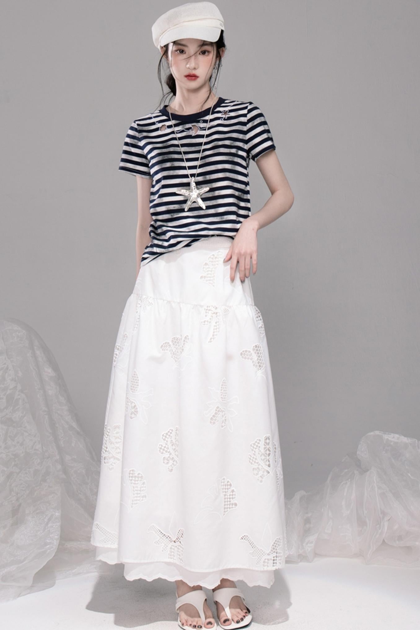 Navy Cut-Out Embroidered Striped T-Shirt