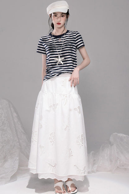 Navy Cut-Out Embroidered Striped T-Shirt