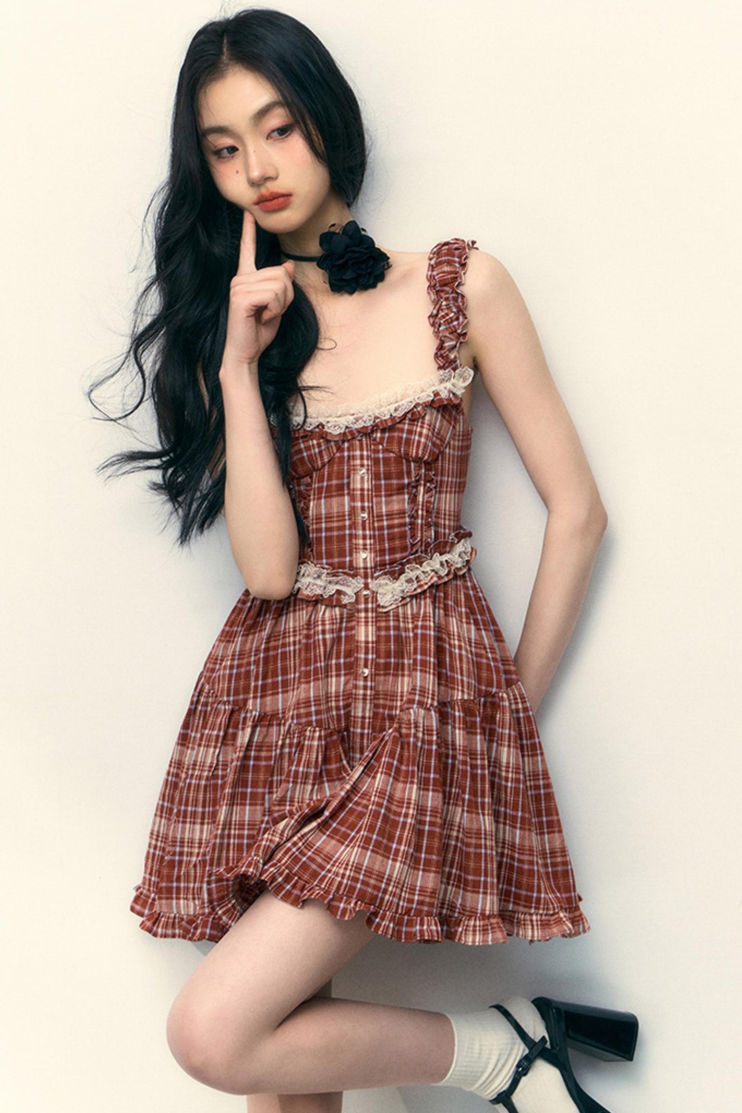 Pink Plaid Ruffle Lace Cami Dress