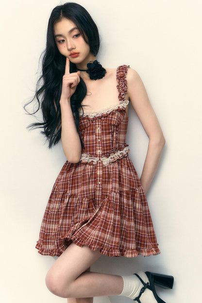 Pink Plaid Ruffle Lace Cami Dress