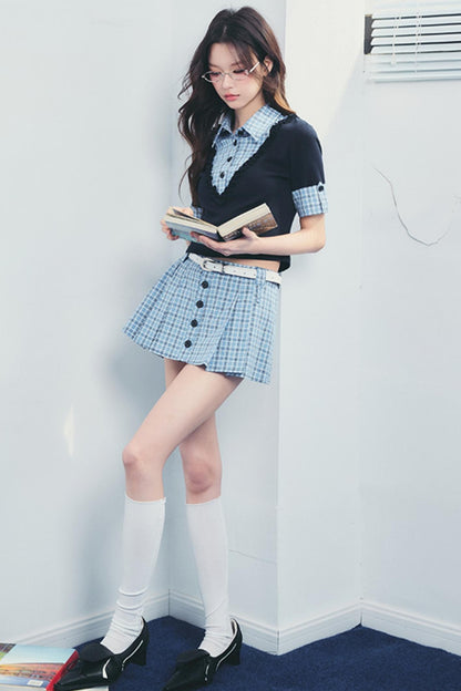 Checked Polo Shirt And Pleated Skirt Set-Up