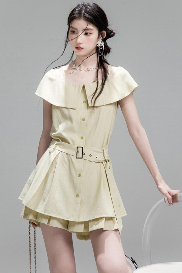 Layered Green Cutout Shirt & Pleat Shorts Set