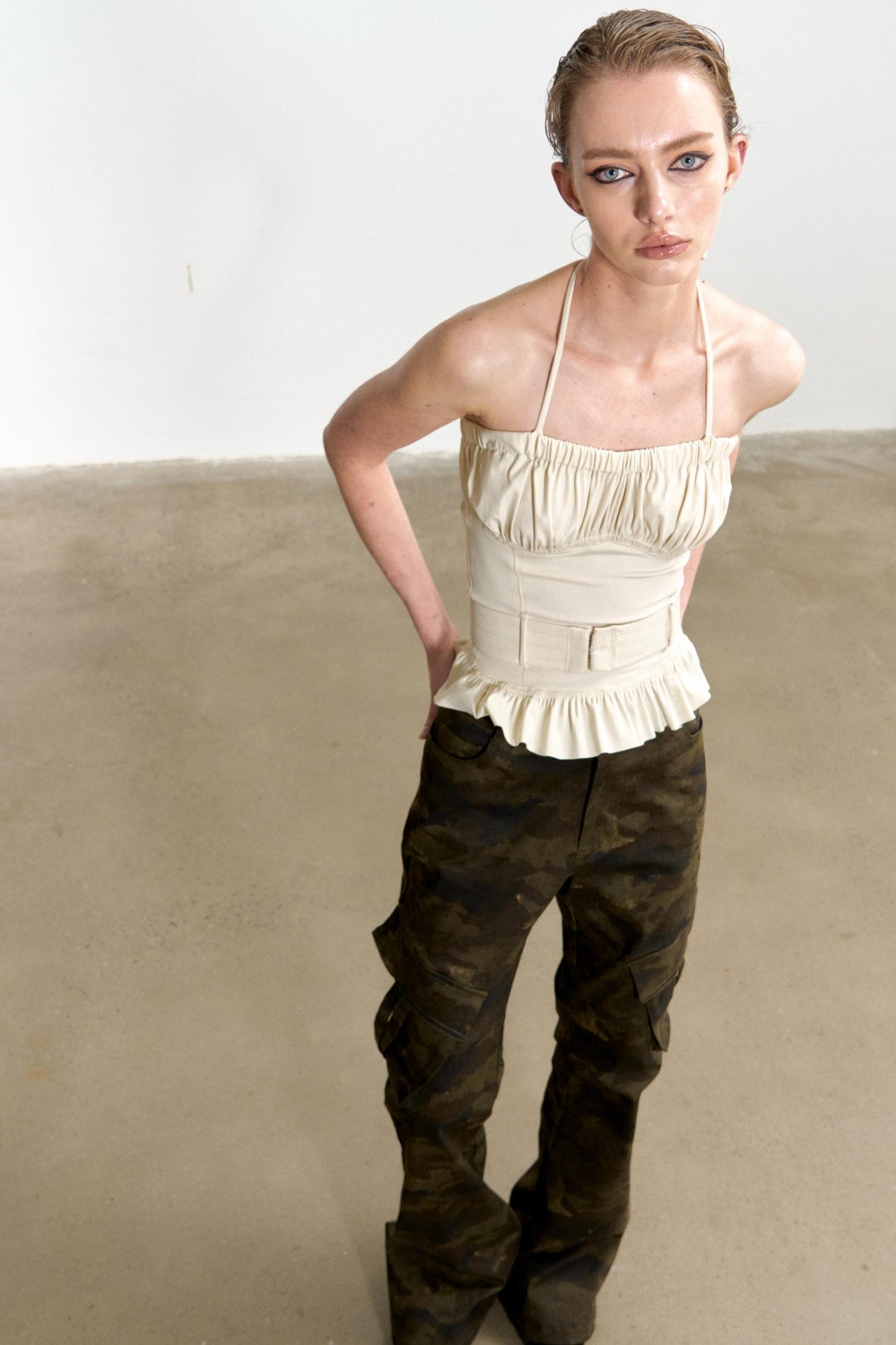 Beige Ruffled Sheath Top