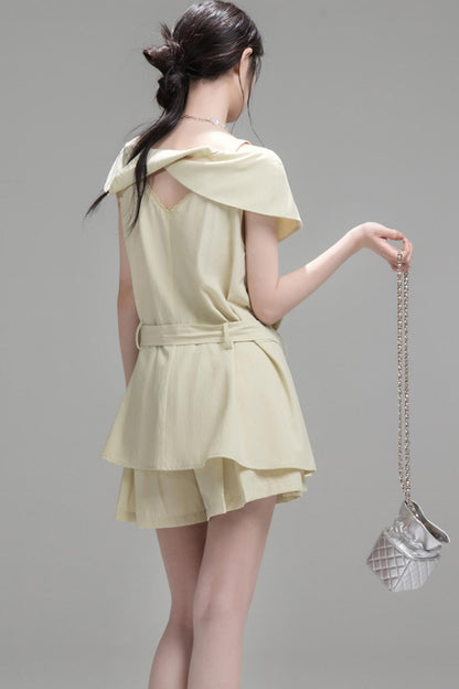 Layered Green Cutout Shirt & Pleat Shorts Set