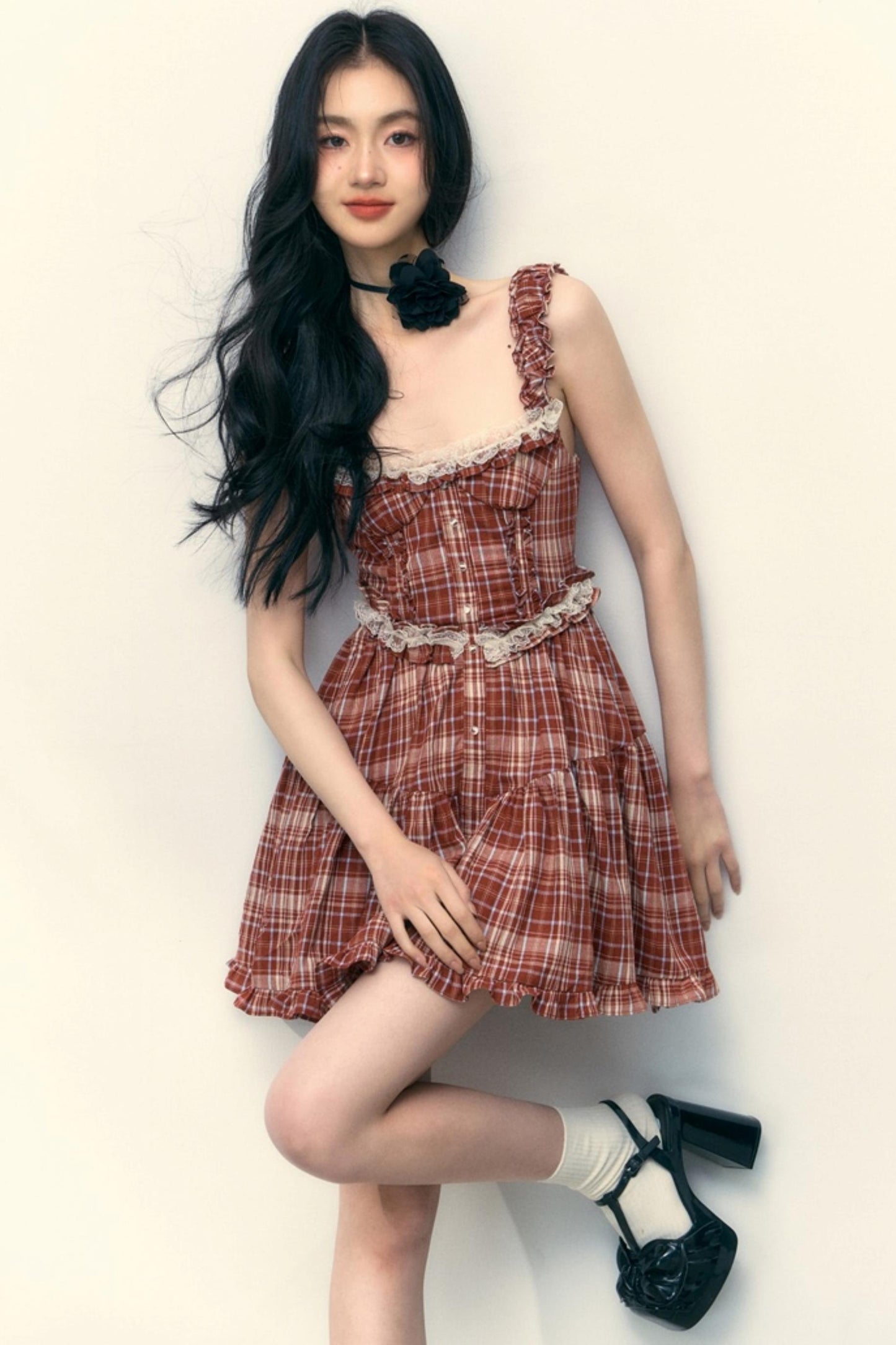 Pink Plaid Ruffle Lace Cami Dress