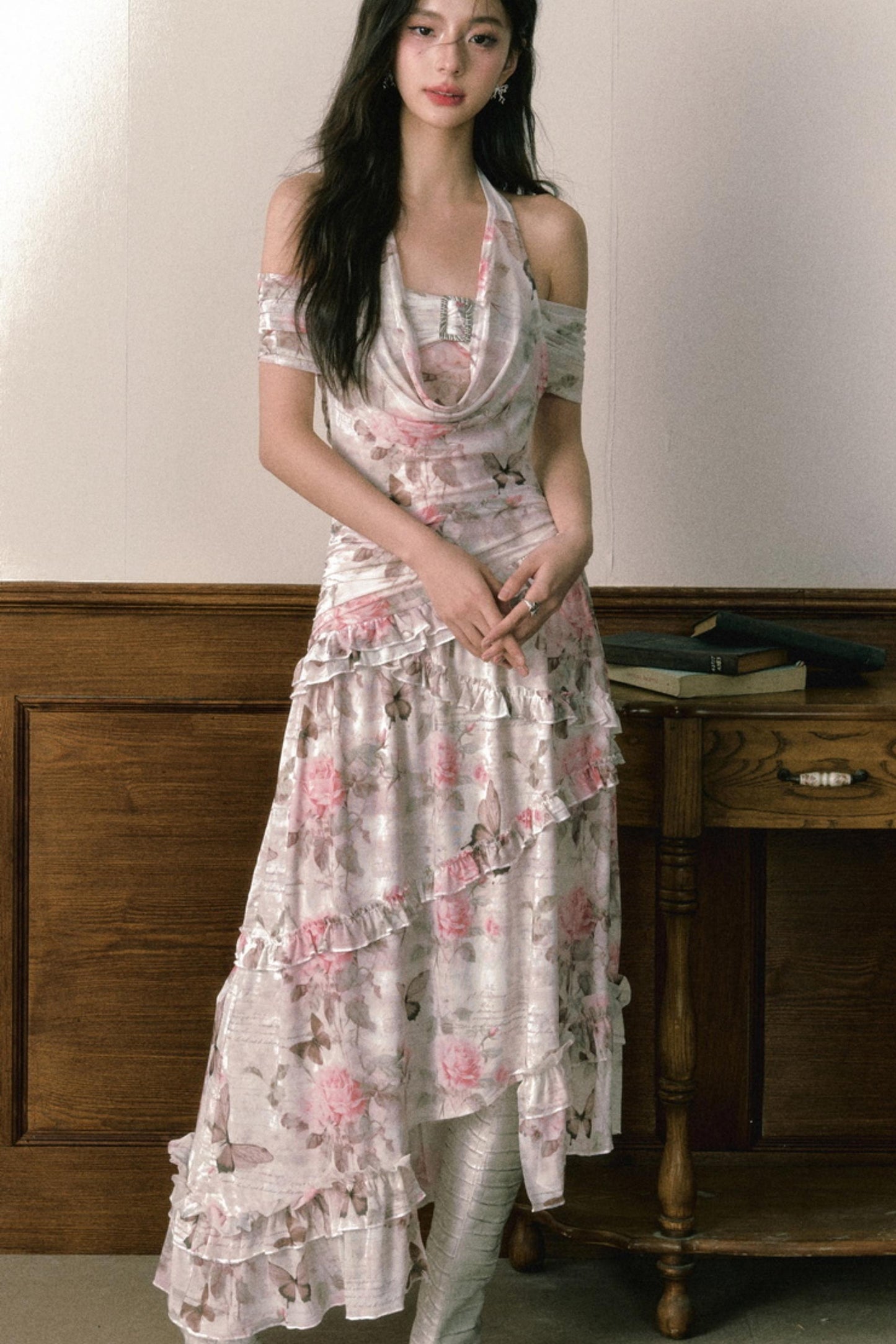 Rose Butterfly One Shoulder Mesh Dress