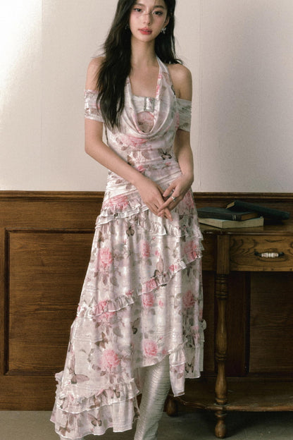 Rose Butterfly One Shoulder Mesh Dress