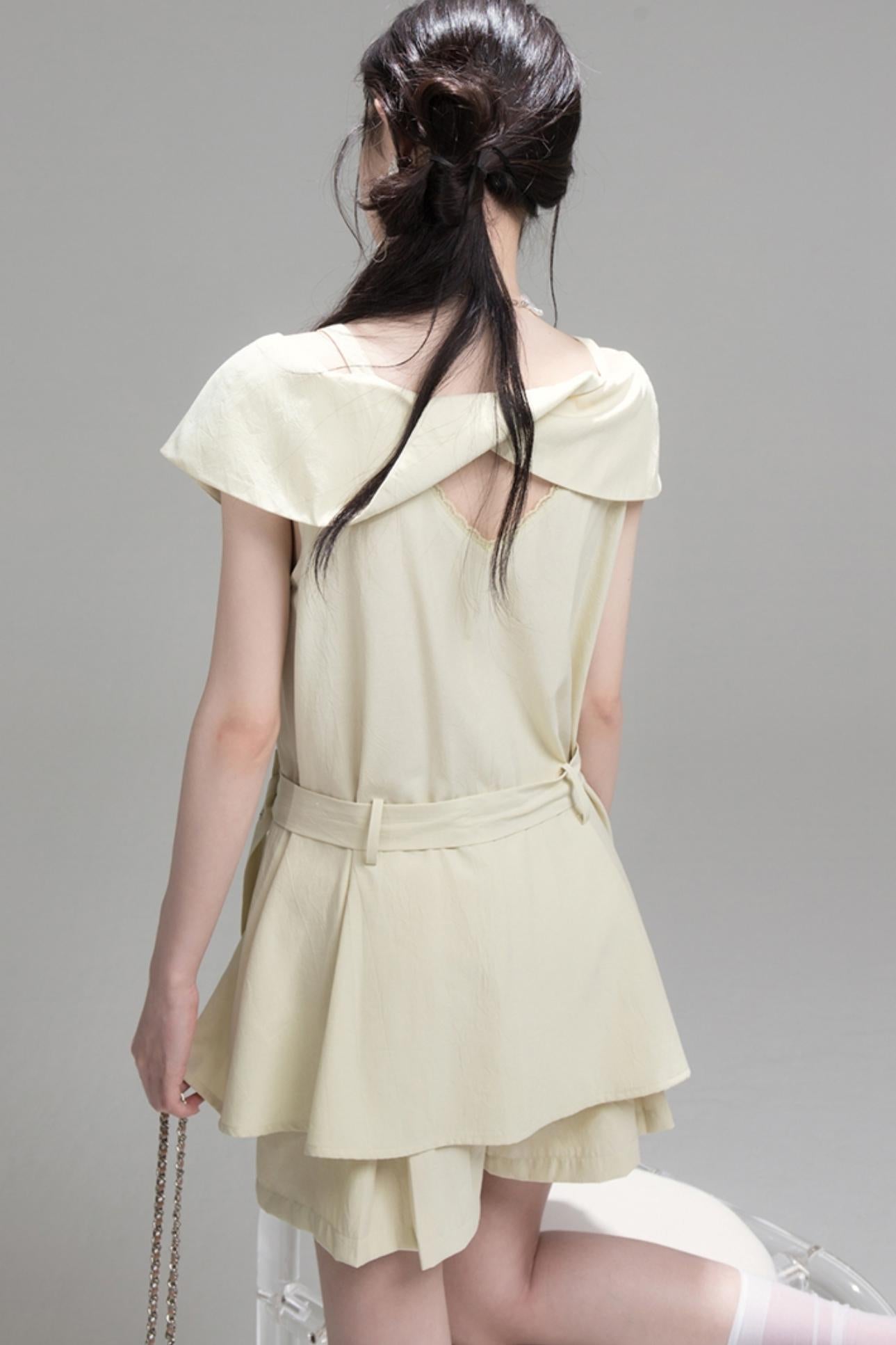 Layered Green Cutout Shirt & Pleat Shorts Set