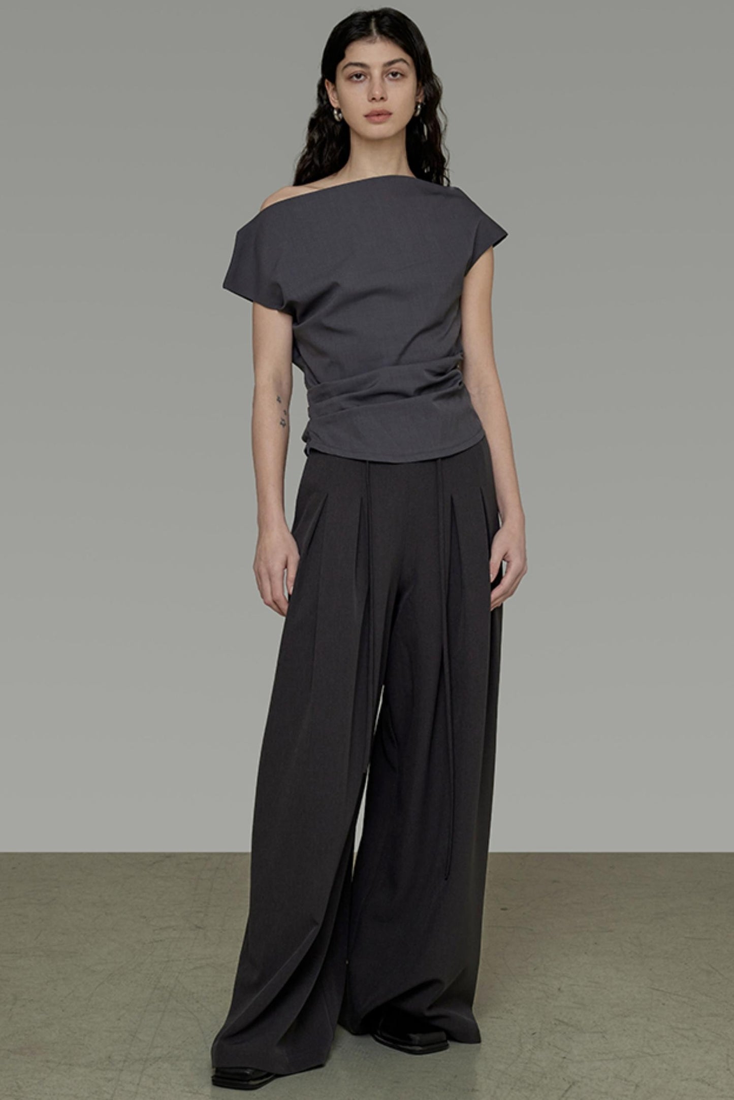 Gray Asymmetrical Strapless Tee