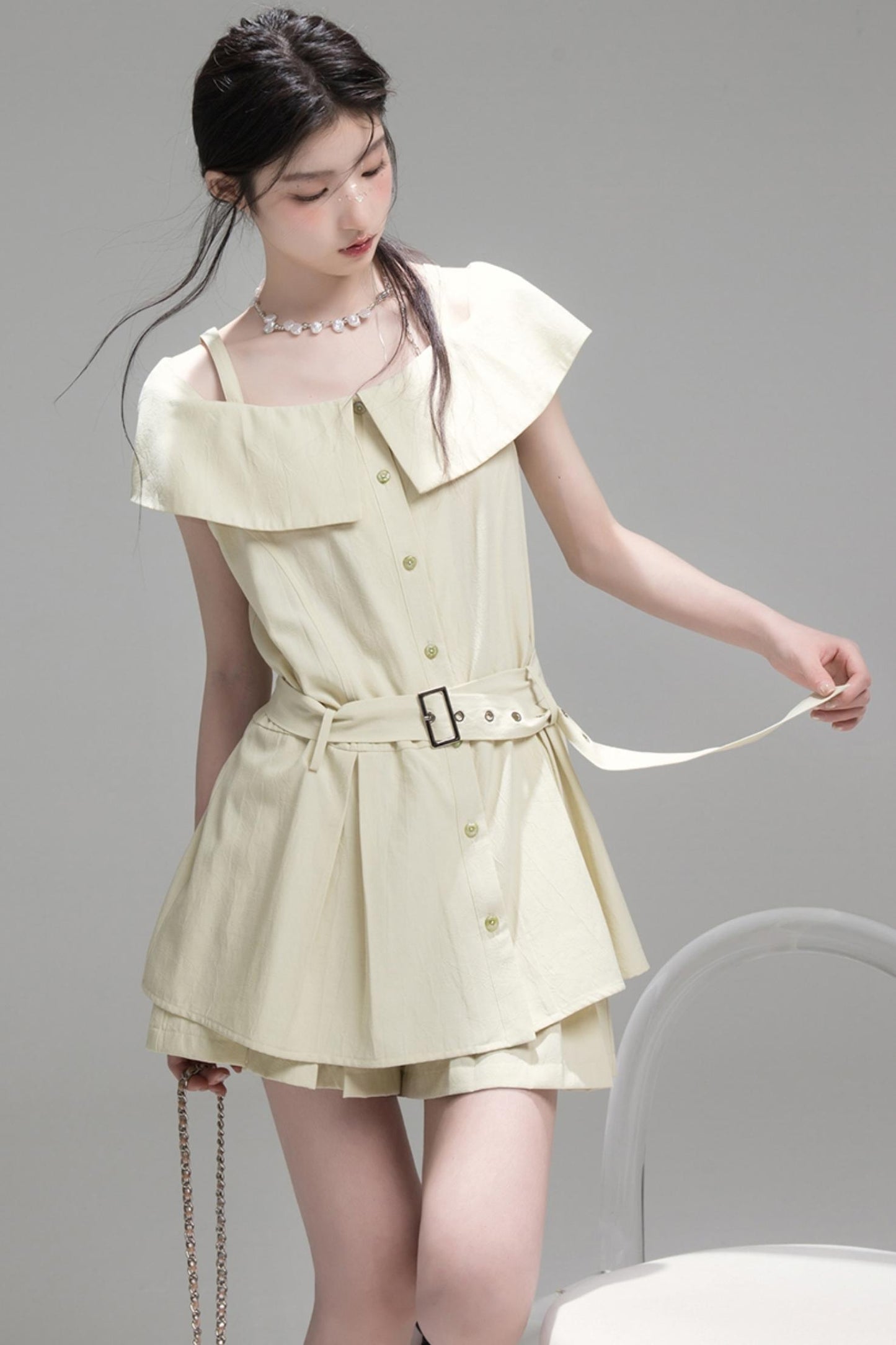 Layered Green Cutout Shirt & Pleat Shorts Set