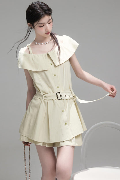 Layered Green Cutout Shirt & Pleat Shorts Set