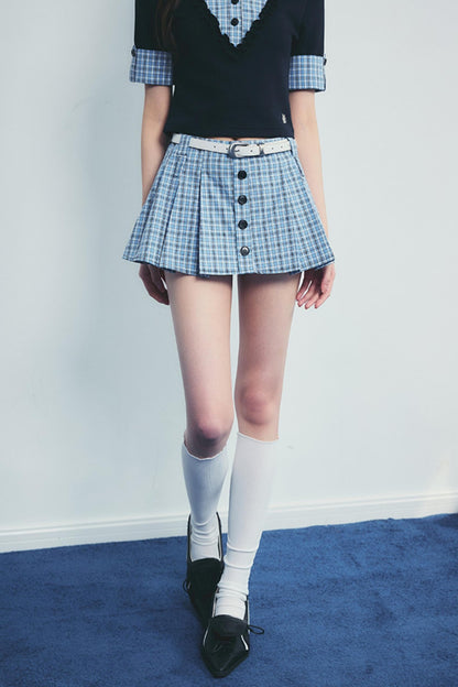 Checked Polo Shirt And Pleated Skirt Set-Up