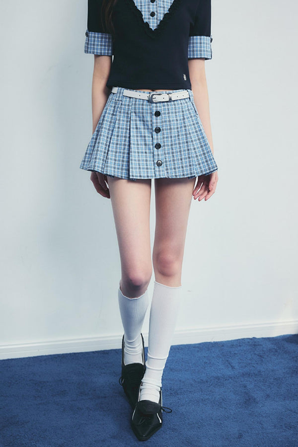 Checked Polo Shirt And Pleated Skirt Set-Up