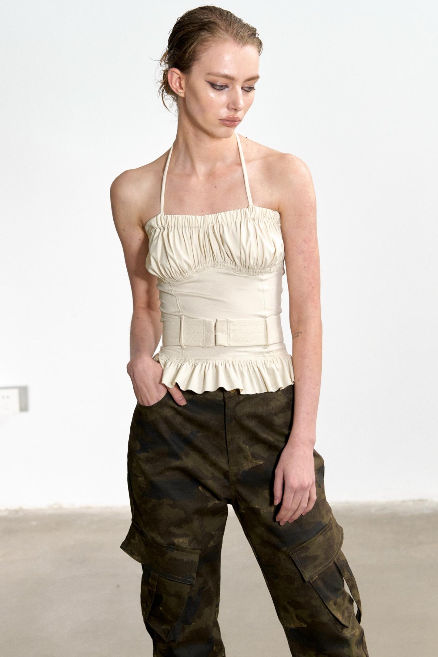 Beige Ruffled Sheath Top