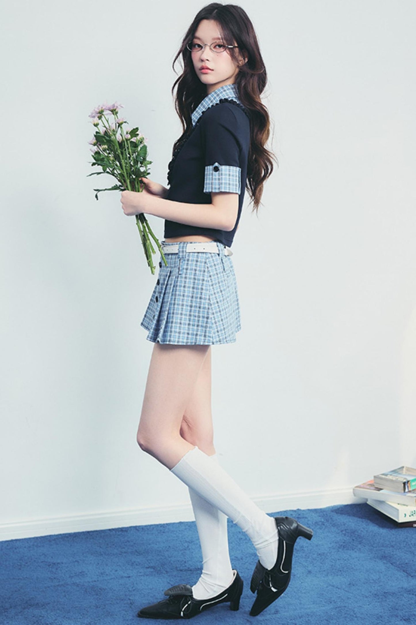 Checked Polo Shirt And Pleated Skirt Set-Up