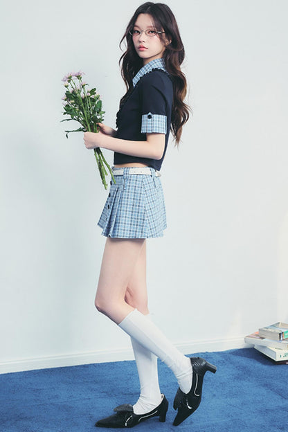 Checked Polo Shirt And Pleated Skirt Set-Up
