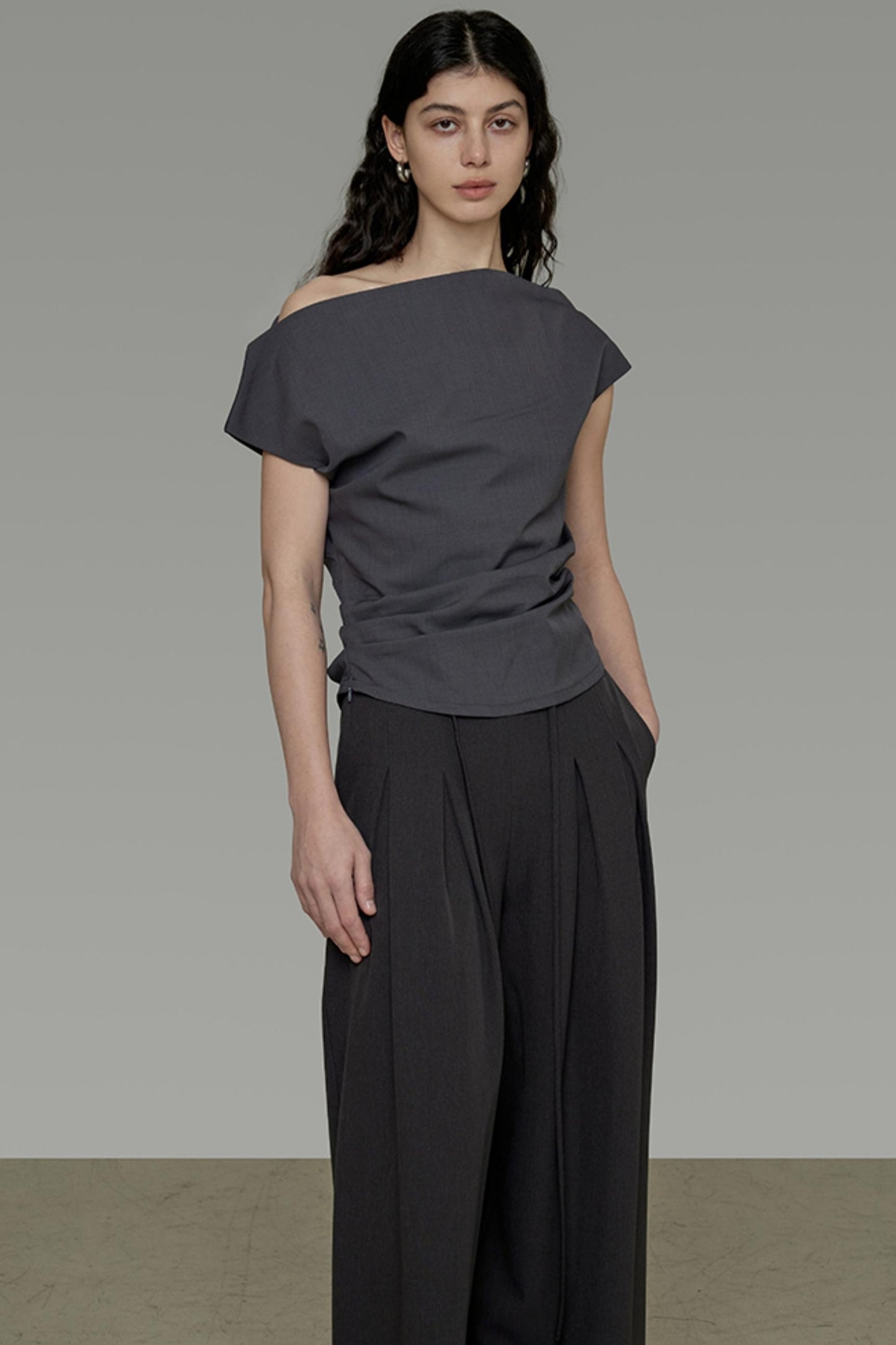 Gray Asymmetrical Strapless Tee