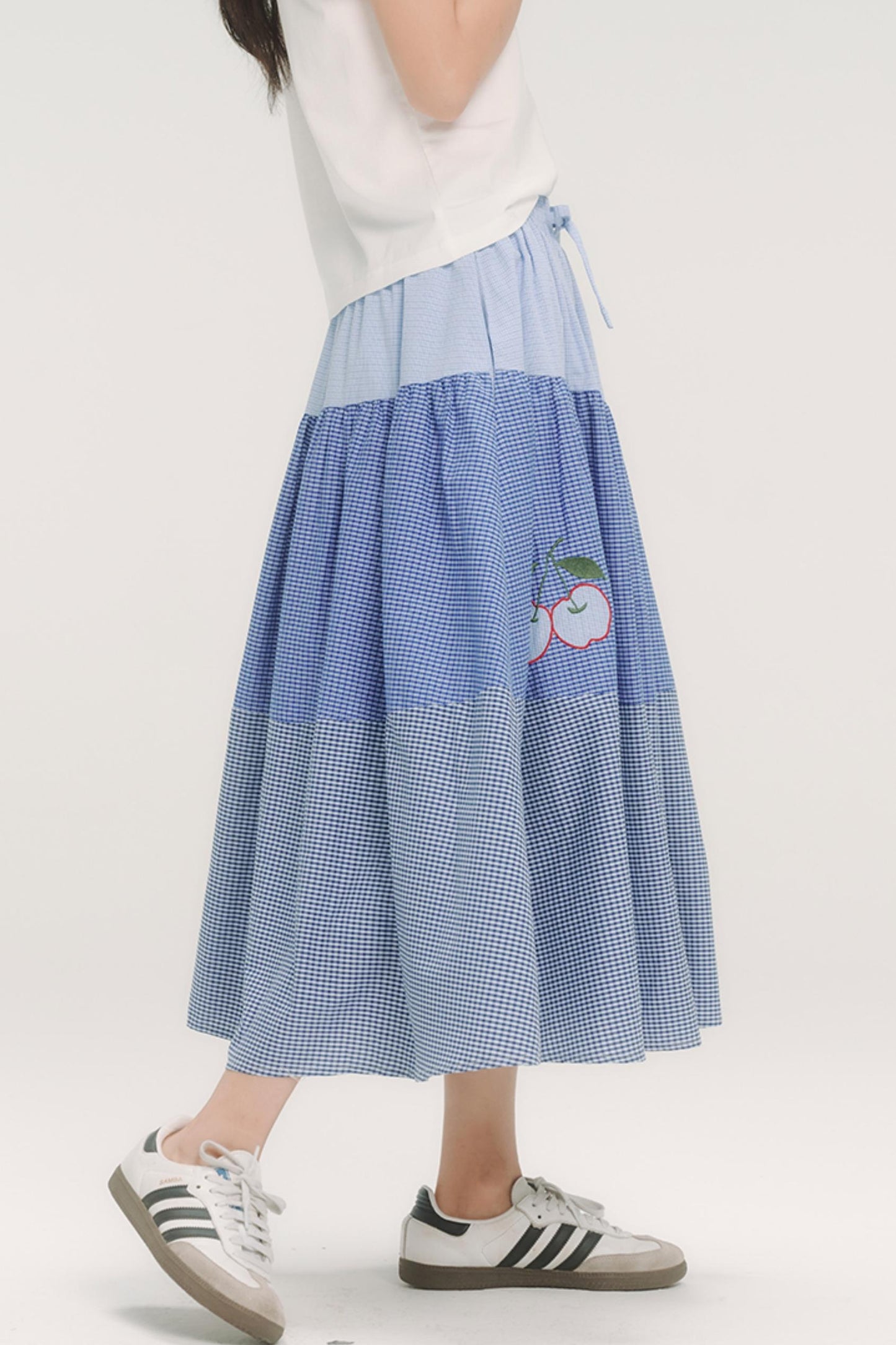 Blue Check Elastic Waist Skirt