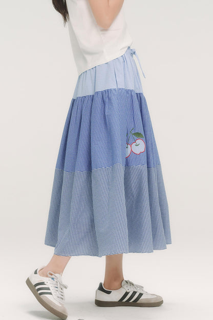Blue Check Elastic Waist Skirt