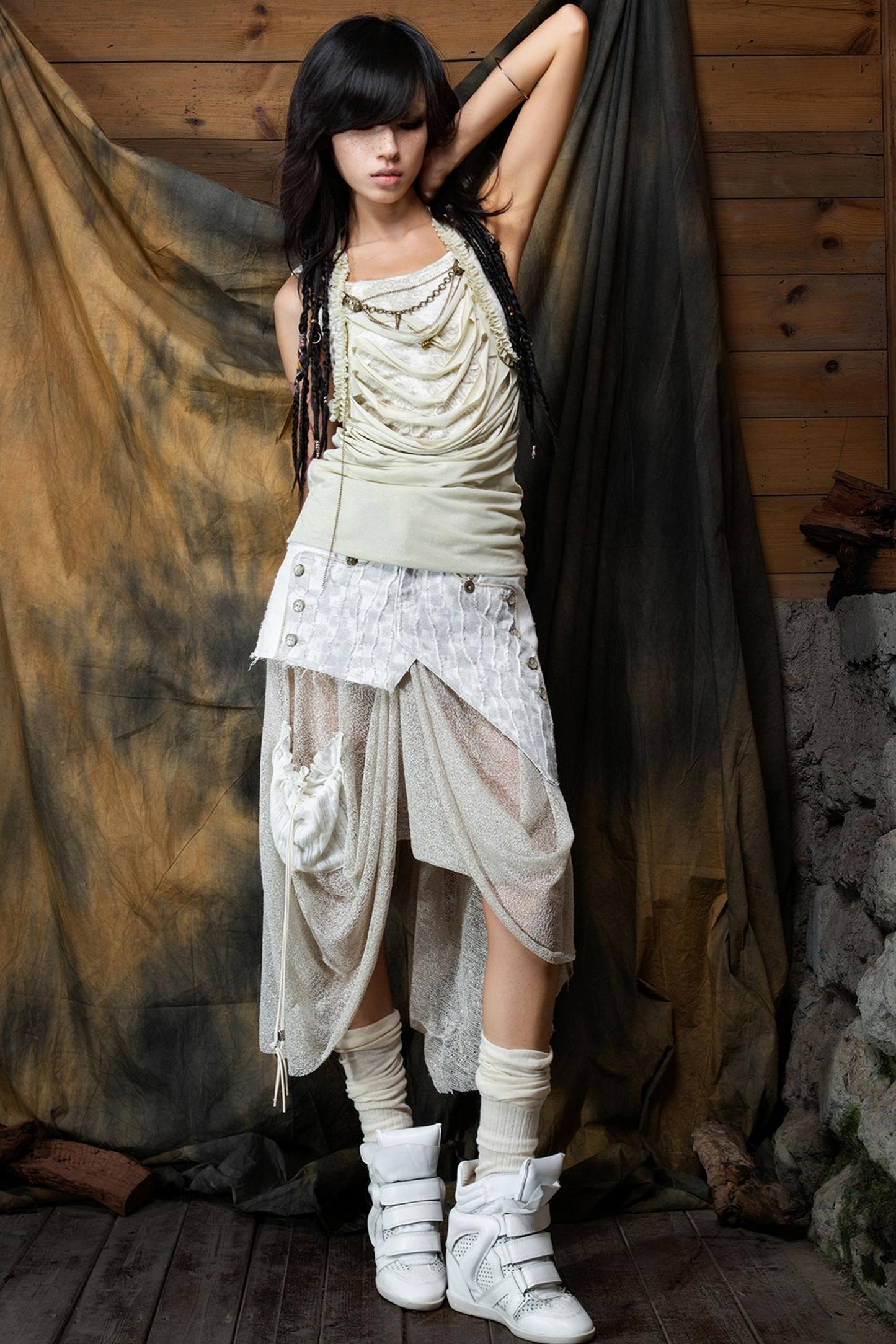 Vintage Patchwork Mesh Maxi Skirt