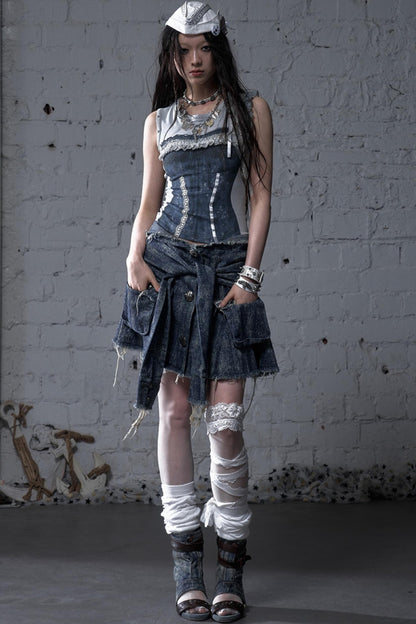 Punk Washed Denim Shirt Skirt