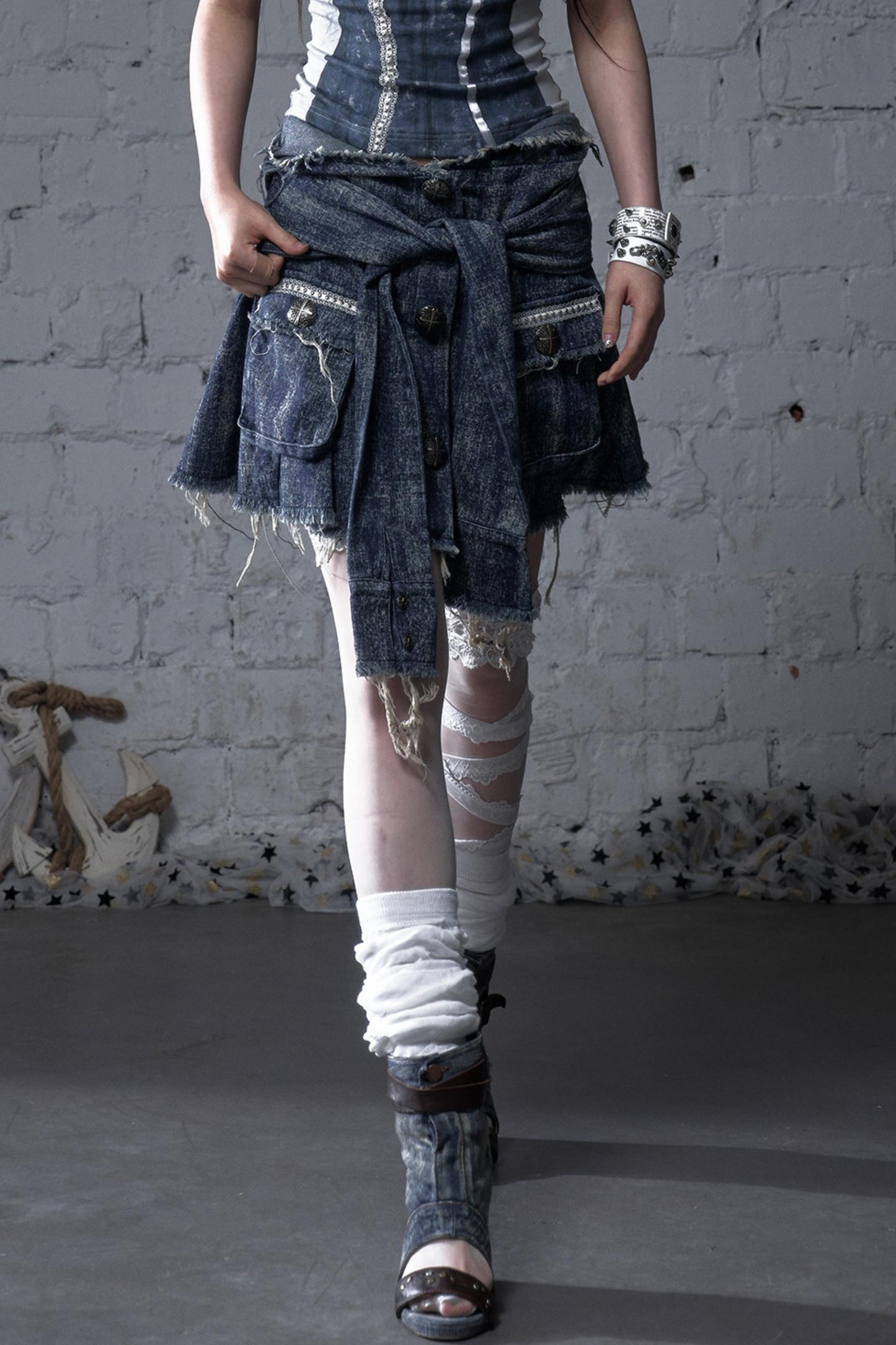 Punk Washed Denim Shirt Skirt