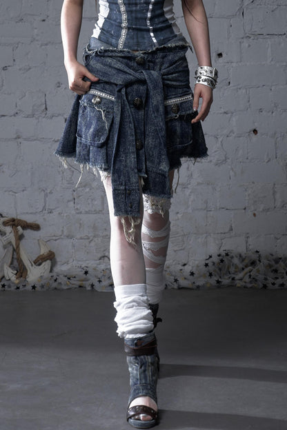 Punk Washed Denim Shirt Skirt