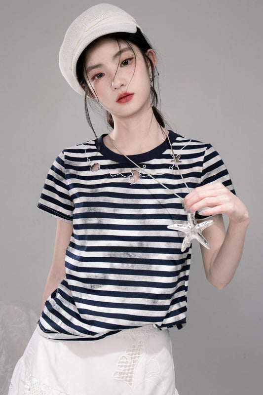 Navy Cut-Out Embroidered Striped T-Shirt