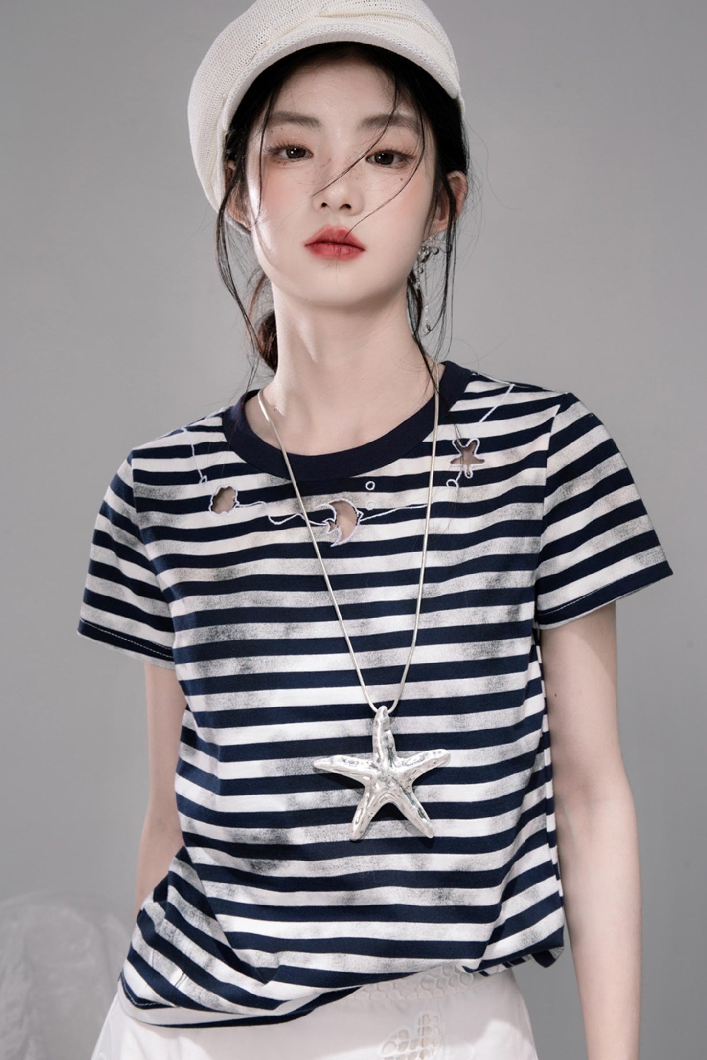 Navy Cut-Out Embroidered Striped T-Shirt