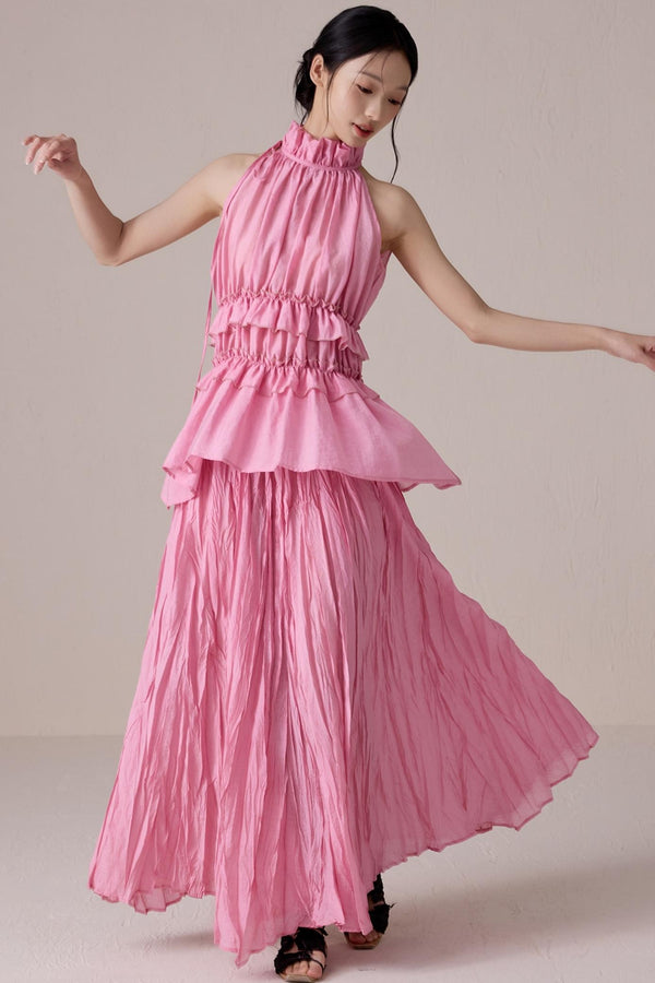 Pink Pleated Sleeveless Neck Top Set-Up
